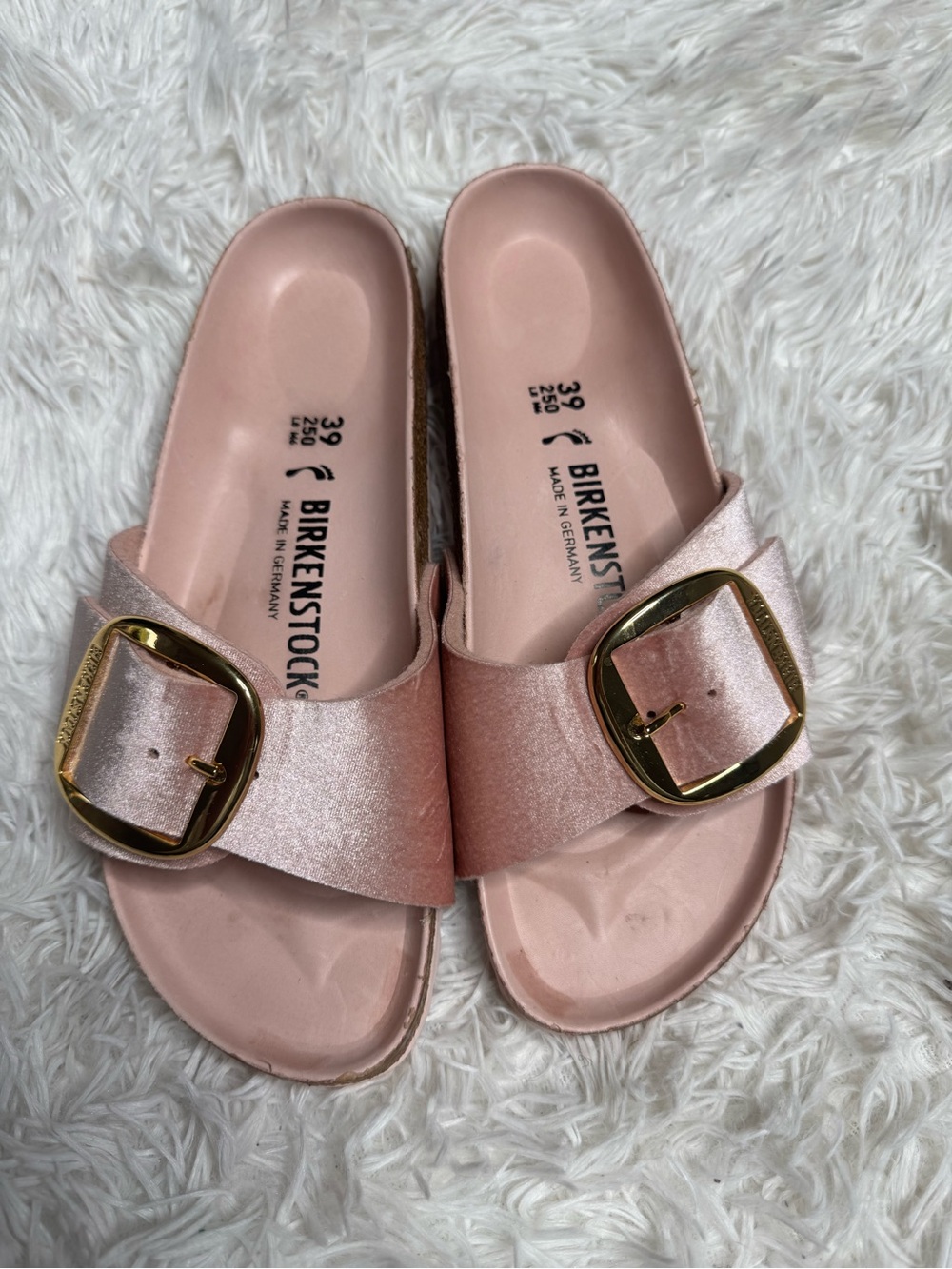 Birkenstock Pink Single-Strap Slide Sandals with Gold Buckle